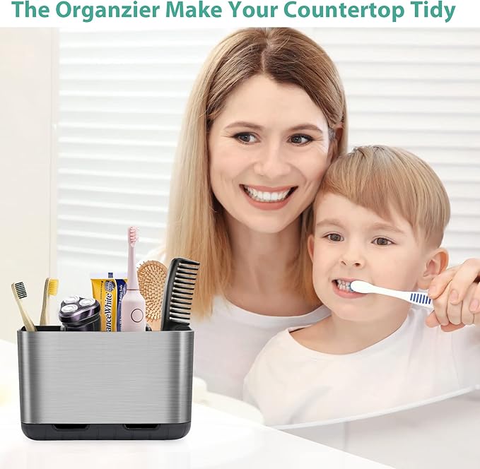 Boperzi Toothbrush and Toothpaste Holder Brushed Nickel Drainage for Bathroom Vanity, Large Electric Toothbrush Storage Caddy Anti-Slip Rustic with Adjustable Dividers for Family, Kids-NeatNest