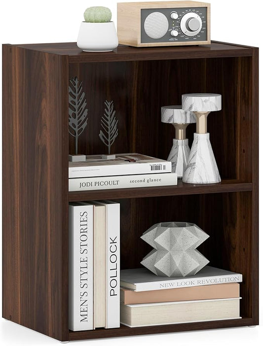Giantex Bookshelf and Bookcase 2-Layer Storage Shelf w/Large-Capacity Open Storage Space, MDF P2 Veneer, for Living Room Bedroom Study Office Multi-Functional Furniture Display Cabinet (Walnut, 1)