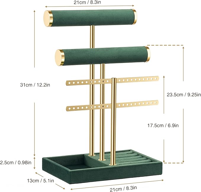 3 Tier Bracelet Holder Display - Detachable T Bar Dark Green Velvet Bracelet Holder, Jewelry Holder Organizer for Bracelet, Necklace, Earrings, Rings
