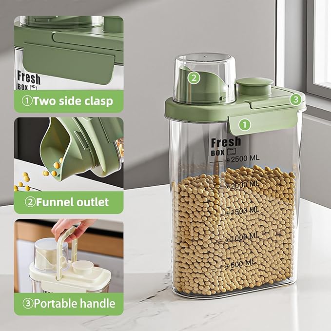 Airtight Rice Storage Container,with Pour Spout & Measuring Cup, BPA-Free - Transparent Dry Food Canister for Cereal, Flour, Pet Food, Oatmeal, Pantry Storage (Light Grass Green, 2800ml)