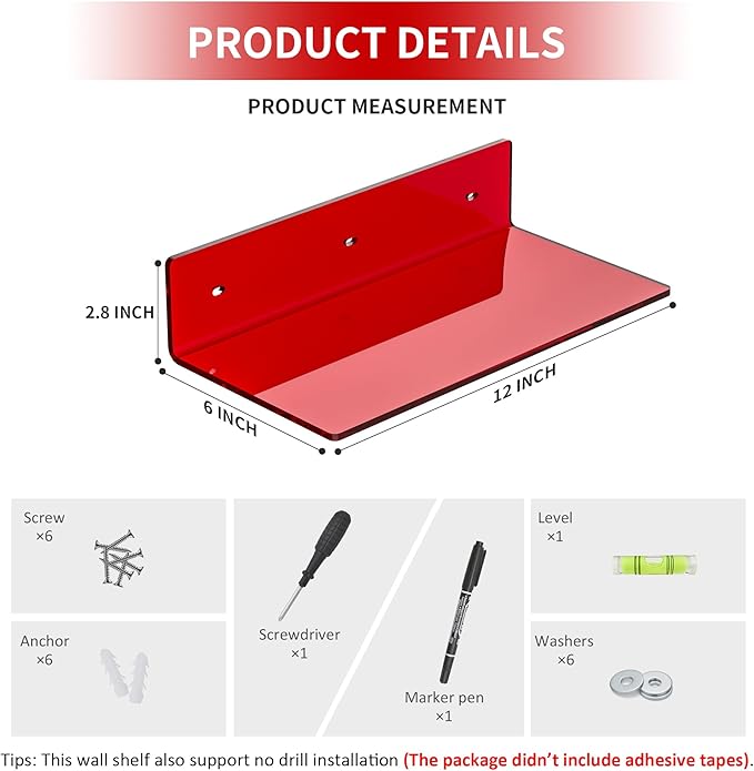 12 Inches Red Small Wall Shelves, Acrylic Bathroom Shelves for Wall, Floating Shelves for Living Room, Funko Pop Shelves, 2 Pack-NeatNest