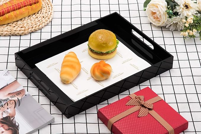 Glossy Black Sturdy Acrylic Serving Tray with Handles - 10x15 Inch, Coffee, Appetizer, Breakfast Tray - Butler, Kitchen to Vanity Table, Decorative-NeatNest