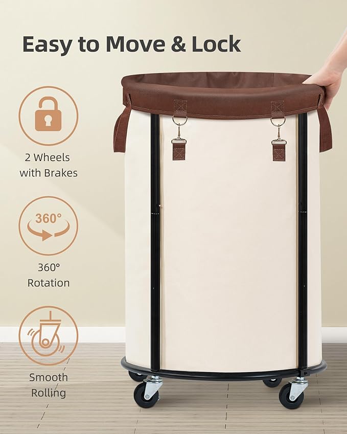 STORAGE MANIAC Rolling Laundry Hamper with Wheels 110L Laundry Basket, Round Laundry Cart with Metal Frame and Removable Bag, Clothes Hamper for Bedroom, Bathroom, Dorm Room, Laundry Room, Beige