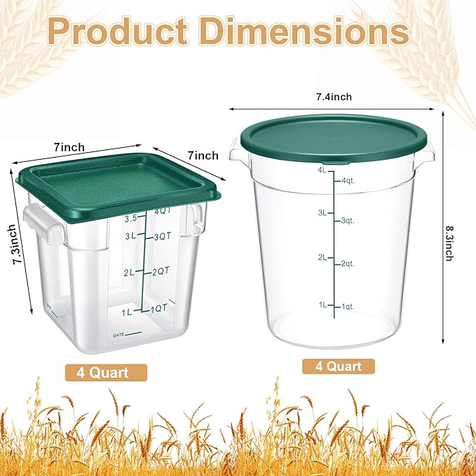 4 Pcs Food Storage Container with Lids Set 4 Qt Square and Round Clear PC Commercial Containers with Scale Handle for Home Restaurant Kitchen Food Storage, Dough Rise, Flour(Green)