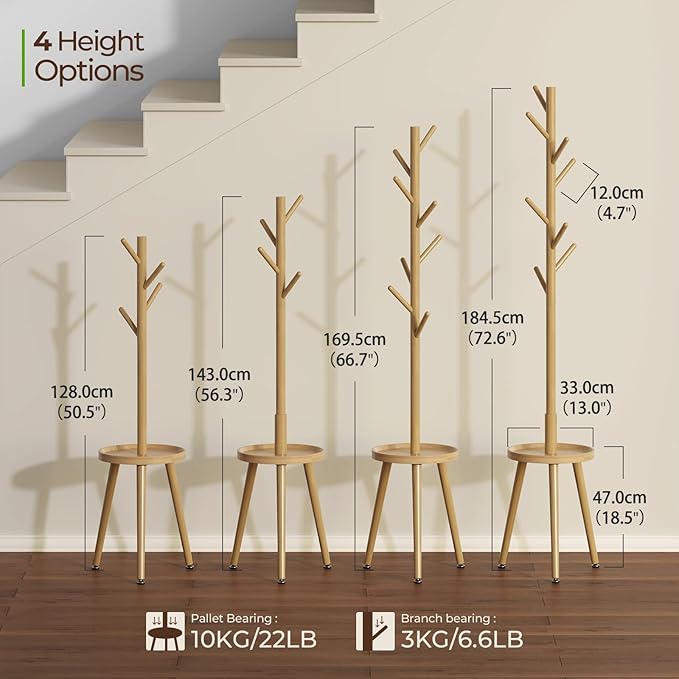 GREENSTELL Coat Rack with 8 Hooks, Wooden Coat Rack Freestanding with Shelf, Coat Tree with 4 Height Options 50.5"-72.6", Coat Hanger Stand for Bags, Clothes, Umbrellas, Hats, in Home, Natural-NeatNest