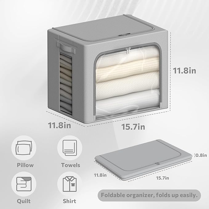 4 Pack Clothes Storage Bins - Oxford Fabric Metal Frame Storage Box - Foldable Stackable Container Organizer Set with Clear Window & Carry Handles & Zippers (Grey, 15.7"x11.8"x11.8")-NeatNest