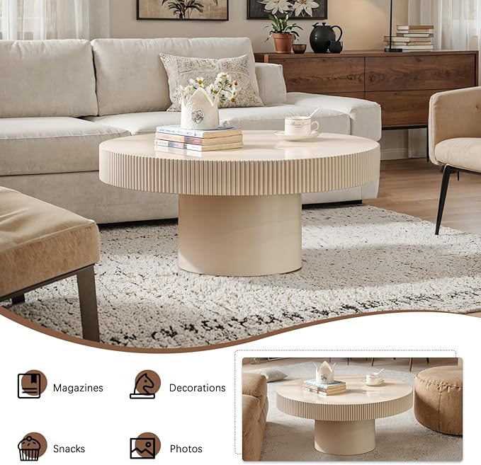 30.71" Round Drum Coffee Tables Modern Handcraft Drum Coffee Table Circle Coffee Table with Sturdy Pedestal, Fluted Wood Coffee Tables Accent End Table for Living Room Apartment,White