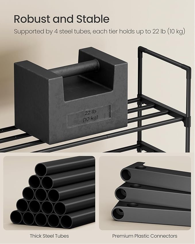 SONGMICS Shoe Rack, 4-Tier Shoe Organizer, Metal Storage Shelf, Upright or Upside Down, for 25-30 Pairs, Stackable, for Entryway, 11.8 x 46.1 x 29.5 Inches, Black ULSA034B01-NeatNest