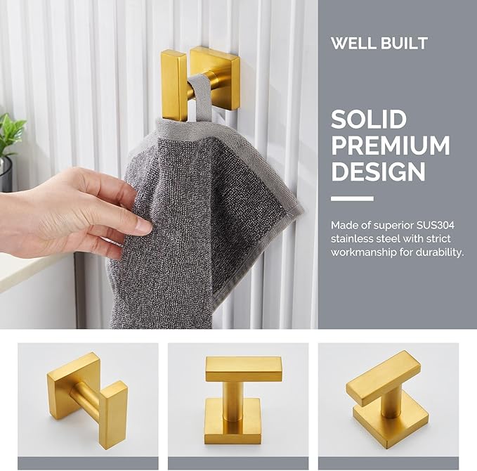 Angle Simple Towel Hook for Bathroom, SUS 304 Stainless Steel Robe Coat Hook for Wall, Hand Towel Holder, Brushed Gold
