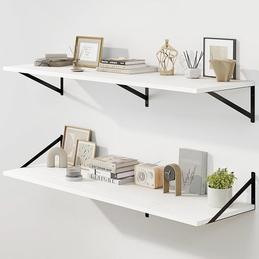 Fun Memories Floating Shelves for Wall, 12 Inch Deep Floating Shelves Set of 2, 48W x 12D Large Wall Shelf with Sturdy Metal Brackets for Living Room, Bathroom, Bedroom and Kitchen, White-NeatNest