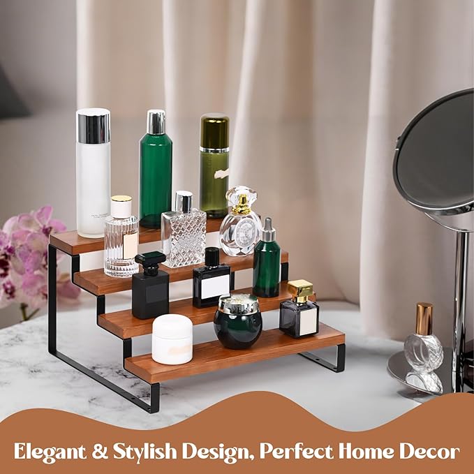 4 Tier Wooden Display Riser Stand Perfume Organizer with Metal Stand, Dessert Table Display Set, Food Display Stands for Party, Brown Rustic Solid Wood Shelf for Cupcakes, Perfume, Cologne, Spiece-NeatNest