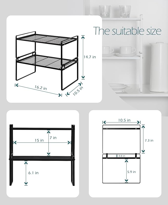 2Pack Kitchen Cabinet Shelf Counter Organizer Rack Pantry Storage Bathroom Bedroom Office Table Desk Space Saving Stackable Rust Resistant Non Slip Black Wide L16.1in W10.6in H7.3in-NeatNest