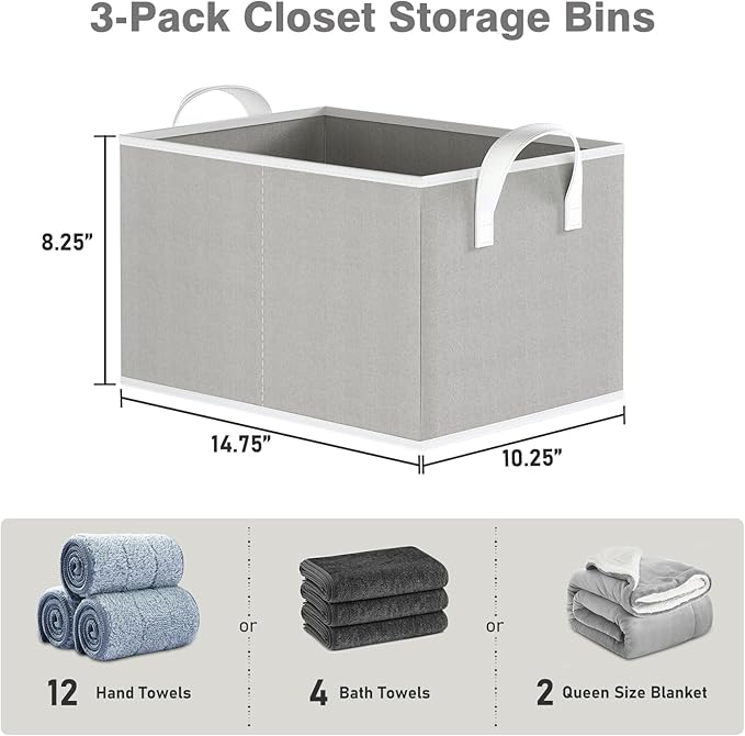Closet Storage Bins, Fabric Closet Organizers and Storage Basket for Shelves, Collapsible Shelf Baskets for Organizing Shelves, Bedroom Clothes Basket, Gray, 3 Pack-NeatNest