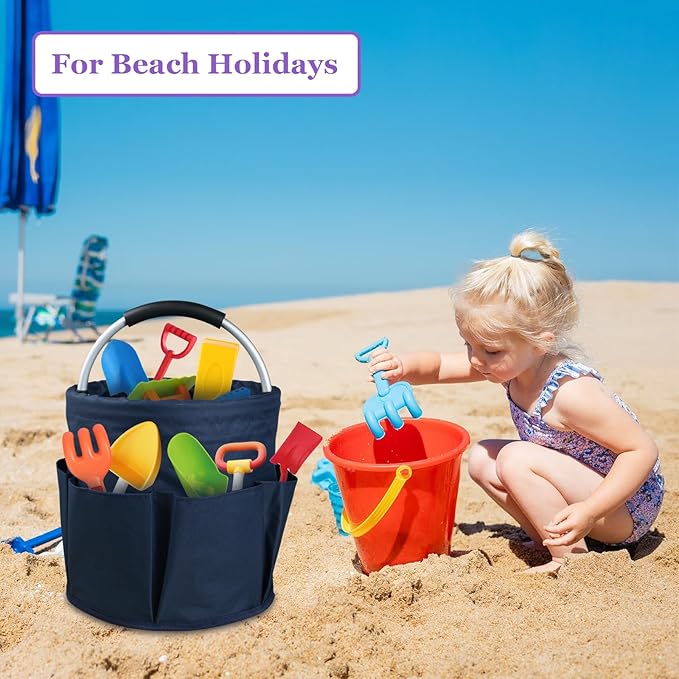 17L Cleaning Caddy with Handle, Portable Shower Caddy in 600D Oxford Fabric, Bucket Tool Organizer with 6 Side Pockets, Collapsible Storage Basket for Cleaning, Camping, Navy Blue-NeatNest