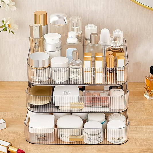 Clear Makeup Organizer for Vanity, Large Desk Organizer with Stackable Drawers for Cosmetics, Skincare, Lipsticks, Eyeshadow Palette, Nail Care, Ideal Storage for Dresser and Bathroom Countertop-NeatNest