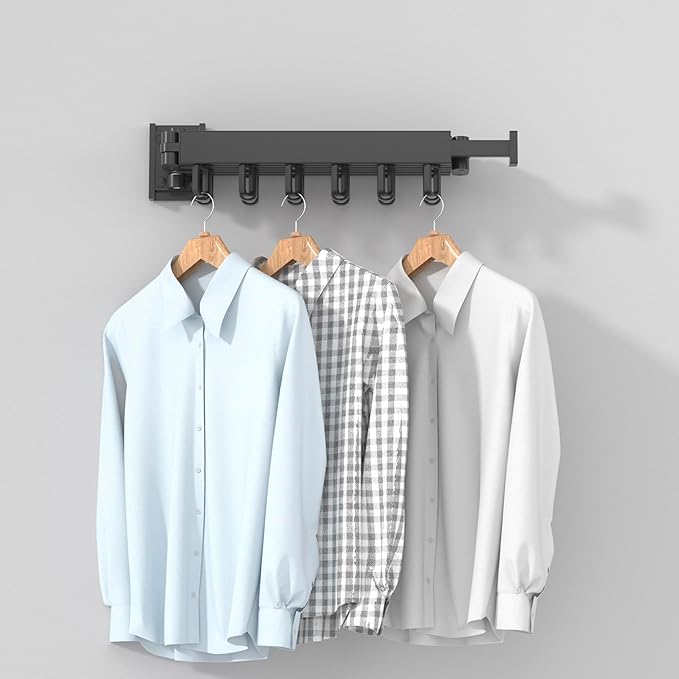 Clothes Drying Rack, Laundry Drying Rack Wall Mount for Bathroom, Retractable and Foldable Clothes Hanging Rack with U-Hooks for Laundry Room, Balcony, Closet, Bedroom(Tri-Fold), Black-NeatNest