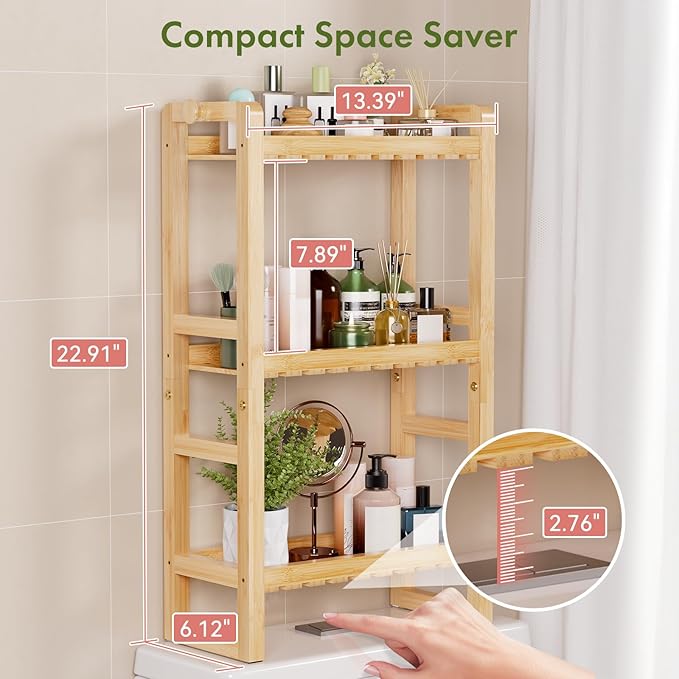 AmazerBath Bamboo Over The Toilet Storage Shelf - 3-Tier Bathroom Organizers and Storage Shelves, 2 in 1 Dual Stable Above Over Toilet Bamboo Shelf Home Storages Rack for Small Bathroom, Space Saver-NeatNest