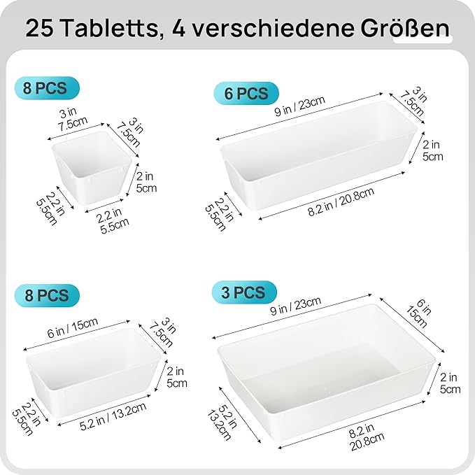Vtopmart 25 PCS Plastic Drawer Organizers Set, 4-Size Versatile Bathroom and Vanity Drawer Organizer Trays, Storage Bins for Makeup, Bedroom, Kitchen Gadgets Utensils and Office-NeatNest