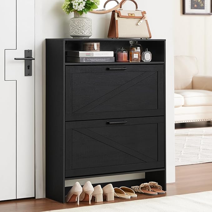 Shoe Storage Cabinet with 2 Flip Drawers,Farmhouse Narrow Shoe Organizer with Legs,Freestanding Hidden Slim Shoe Rack Cabinet with Open Storage for Entryway,Hallway, Foyer, Black-NeatNest