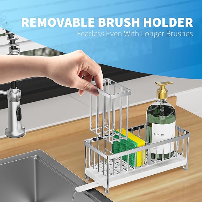 Cisily Silver Sponge Holder for Kitchen Sink, Sink Caddy Organizer with High Brush Holder, Kitchen Countertop Organizers and Storage Essentials, Rustproof 304 Stainless Steel, Soap Dispenser Organize-NeatNest