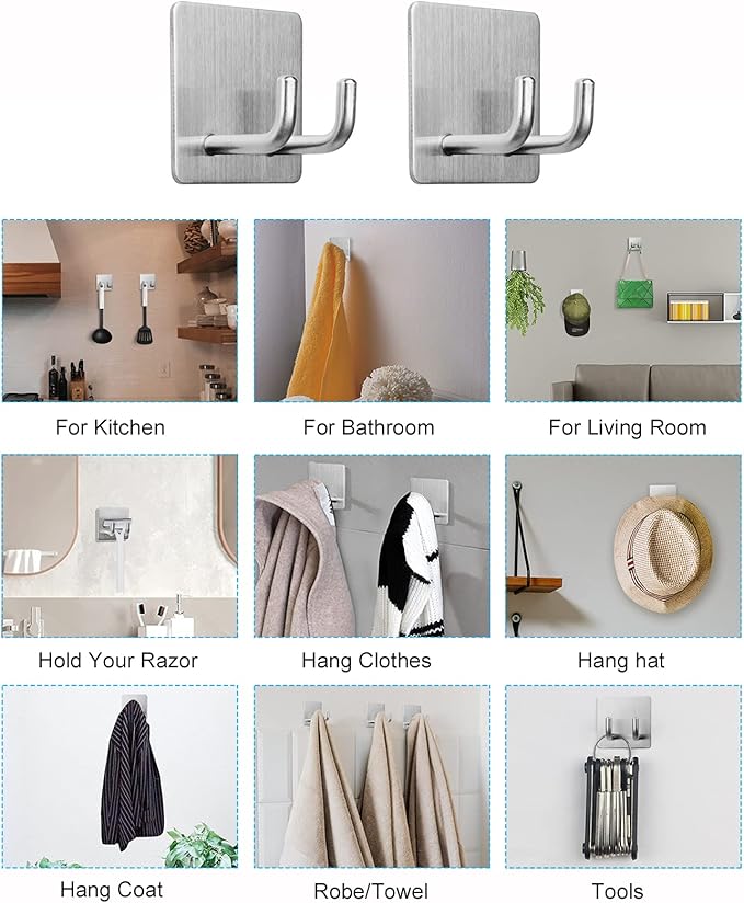 Adhesive Hooks, Razor Holder for Shower, Stick Bathroom Wall Towel Hooks, Stainless Steel Door Hangers for Coat Loofah Robes, Self Adhesive Room Organizer