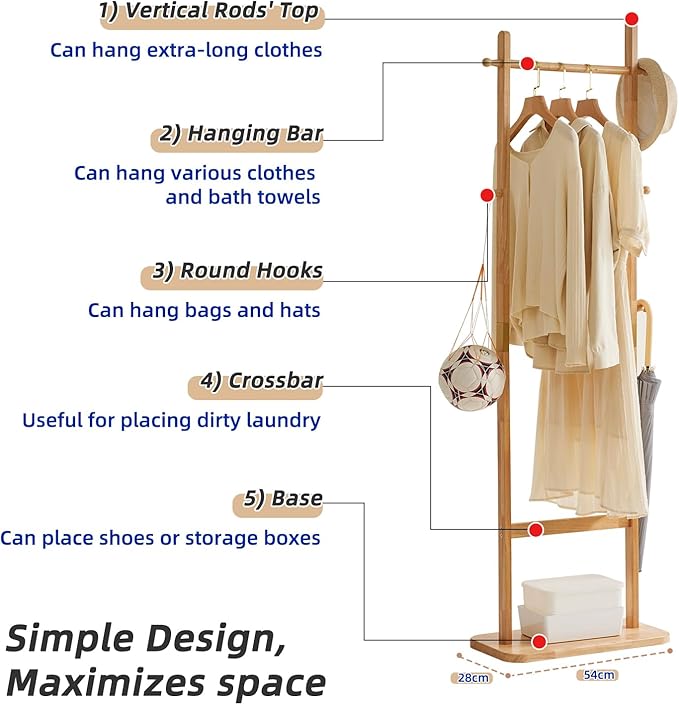 Coat Rack Freestanding, Coat Tree with 2 Main Rods and Stable Design, Clothes Racks for Hanging Coats Clothes Suits Jacket, Easy to Assemble and Very Sturdy, Natural Wood Color USYD-202-NeatNest