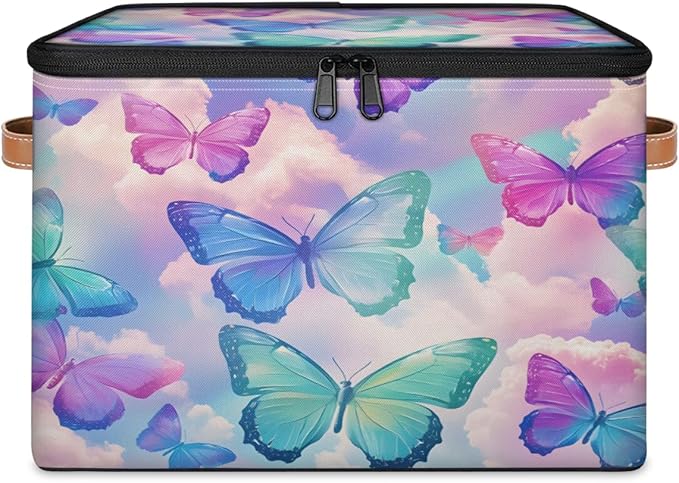 Colorful Butterfly Storage Bins with Zipper Lid, Watercolor Animals Lidded Storage Baskets Boxes Foldable Organizer with Leather Handles for Clothes Closet Shelf Toys-NeatNest