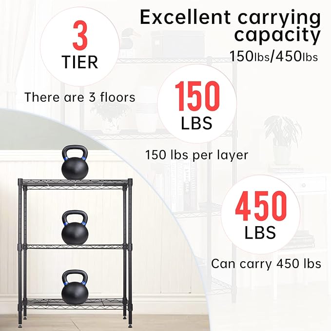 BestOffice 3-Shelf Adjustable Metal Storage Shelves Wire Shelving Unit Organizer Wire Rack 450Lbs Capacity for Small Places Kitchen Garage 23Lx13.2Wx30.2H,Black-NeatNest