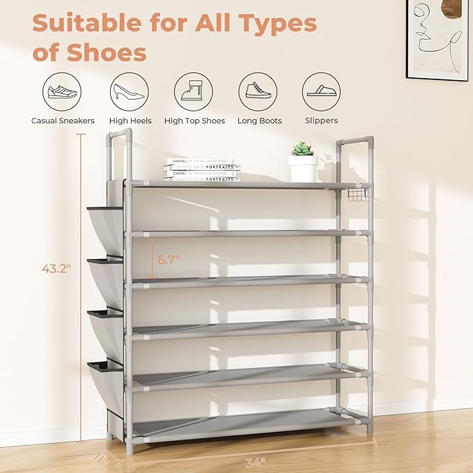 6 Tier Shoe Rack Storage for 24-30 Pairs Shoe and Boot, Shoe Organizer with Hook and Side Pocket Free Standing Long Shoe Shelf Tall Shoe Rack Organizer for Closet, Entryway, Dorm, Grey-NeatNest