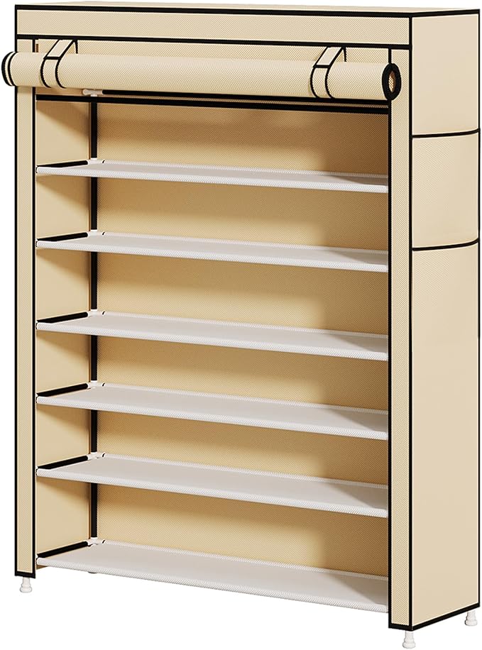 Calmootey 7 Tier Shoe Rack Organizer to Hold 35 Pairs, Portable Shoe Shelf with Nonwoven Fabric Cover for Closet Hallway, Bedroom, Entryway, Beige-NeatNest
