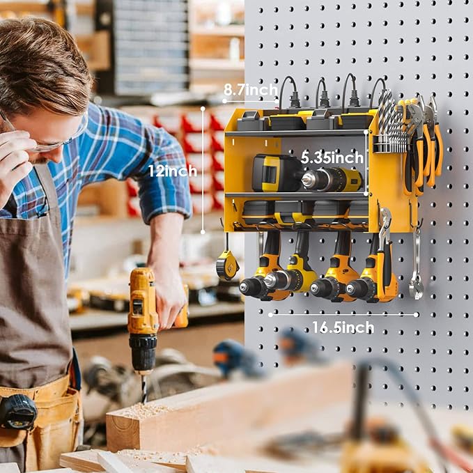 CCCEI Modular Power Tool Organizer Wall Mount with Charging Station. Garage 4 Drill Storage Shelf with Hooks, Screwdriver, Drill Bit Heavy Duty Rack, Tool Battery Holder Built in 8 Outlet Power Strip.-NeatNest