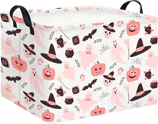 CLOCOR Rectangular Storage Basket Empty, Gift Basket for Halloween, Waterproof Storage Bin with Handles, Room Decor(Pink Bowknot Ghost)-NeatNest
