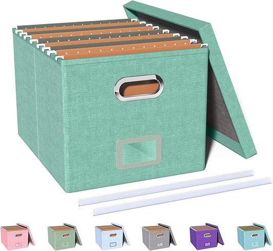 Oterri File Storage Organizer - Portable File Box with Lid, Fits Letter/Legal File Folders, Easy Slide Durable Hanging File Box for Office/Decor/Home, Bright Green