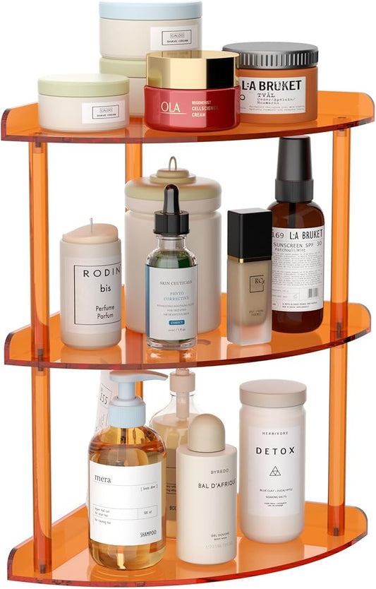 3 Tier Acrylic Corner Shelf Organizer Storage 9.5x9.5x15.7 Inch, Orange Countertop Corner Shelf for Bathroom, Kitchen, Bedroom, Office, Study Room-NeatNest