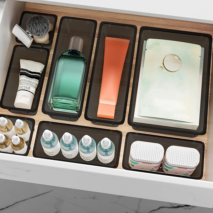 12-Piece Drawer Organizer Set, 4 Sizes Versatile Plastic Vanity Organizer for Makeup, Stationery, Gadgets, in Kitchen, Bathroom, Office, and Bedroom, Black-NeatNest