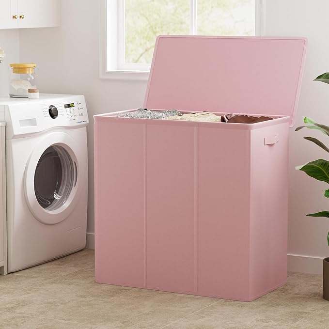 WOWLIVE 180L Laundry Hamper with Lid 3 Section,Large Laundry Basket with Removable Bags and Handles,Collapsible Dirty Clothes Hampers for Laundry,Laundry Basket Organizer for Laundry Room,Dorm,Pink-NeatNest