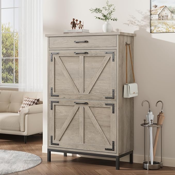 Shoe Storage Cabinet with 2 Flip Drawers, Narrow Shoe Cabinet for Entryway with 1 Top Drawer, Freestanding Hidden Shoe Rack Cabinet with Metal Legs for Foyer, Hallway (Grey)-NeatNest