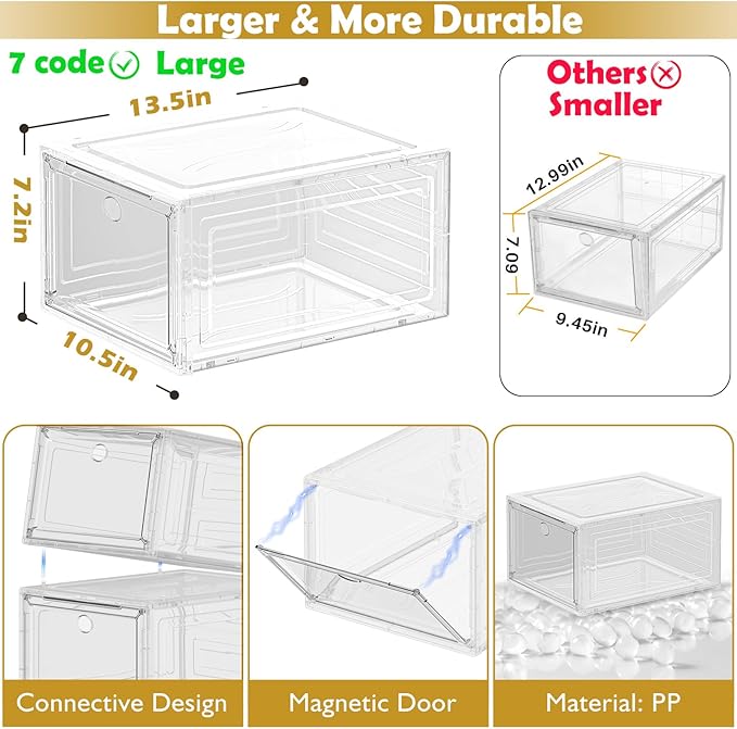 12 Pack Clear Shoe Storage Organizer with Magnetic Door,Stackable Plastic Shoe Boxes for Sneakers,Boots,and Heels,Space-Saving Foldable Shoe Rack for Closet,Durable Shoe Cabinet Organizer,White-NeatNest