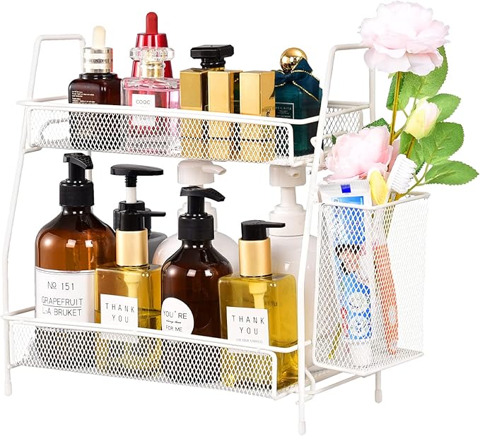 LEMIKKLE Countertop organizer for bathroom counter, bathroom organizers and storage, spice rack organizer for kitchen counter shelf with small basket(White)-NeatNest