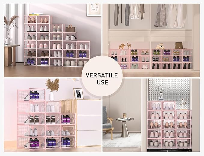 Kuject X-Large Shoe Storage Boxes Organizers Clear Plastic Stackable 12 Pack, Shoe Rack & Holder Substitute, Sneaker Containers, Toy Storage Organizer Bins for Entryway, Closet, Under Bed, Pink-NeatNest