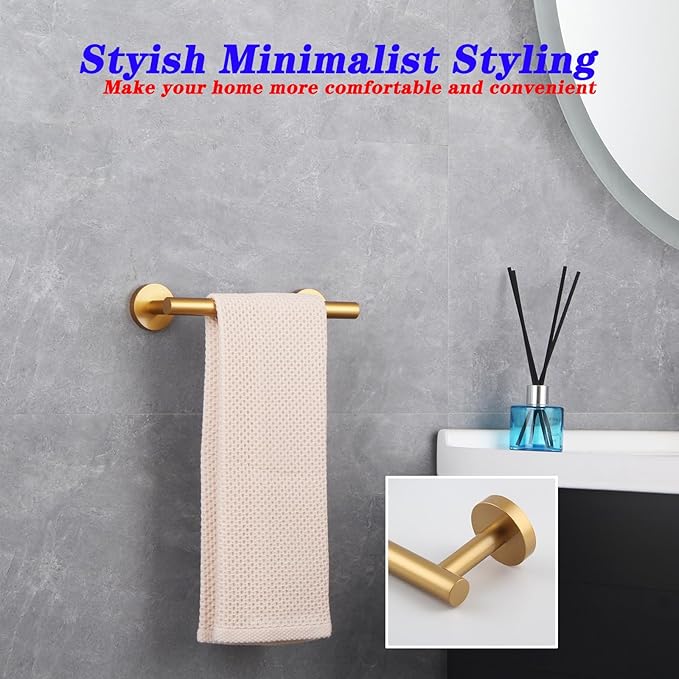 GERZWY 9-Inch Bathroom Towel Bar Gold Stainless Steel Bath Hand Towel Holder Modern Round Style Wall Mount AG1101C23-BE