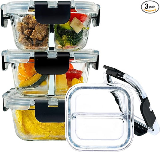 Bariatric Meal Prep Containers, 8 oz Glass Bariatric Portion Control Containers with Two 4 oz Compartments (3 Pack), Reusable Lunch Box Bento Box with Lids, Glass Snack Containers with Lids