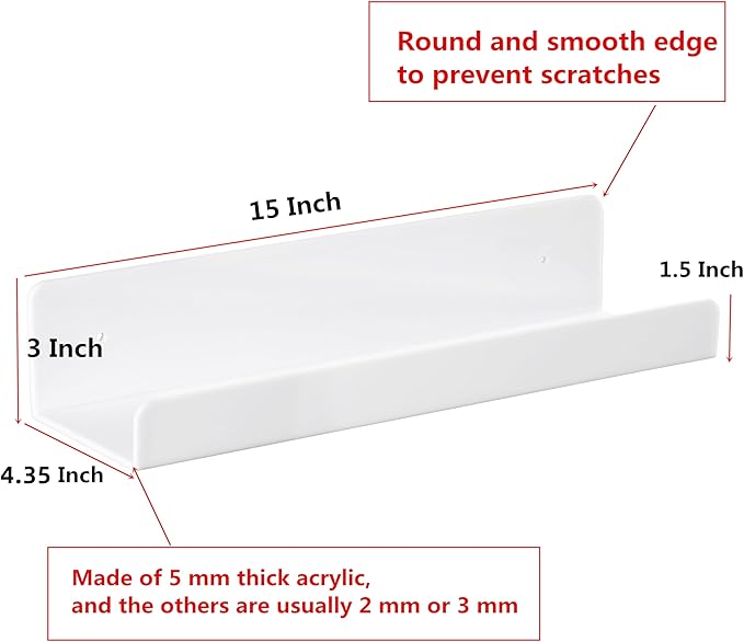4 PCS White Acrylic Floating Shelves Display Ledge,Wall Mounted Nursery Kids Bookshelf,5mm Thick U Shelf 15 Inch Bathroom Wall Shelf and Storage Rack-NeatNest