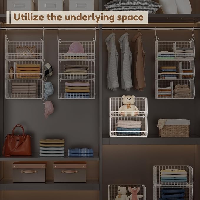 4 Tier Closet Hanging Organizer with Dividers,Extra Large Closet Storage Hanging with 5 S Hooks 4 Dividers,Clothes Organizer Clothing Sweaters Clutches Handbags Hats Accessories-White
