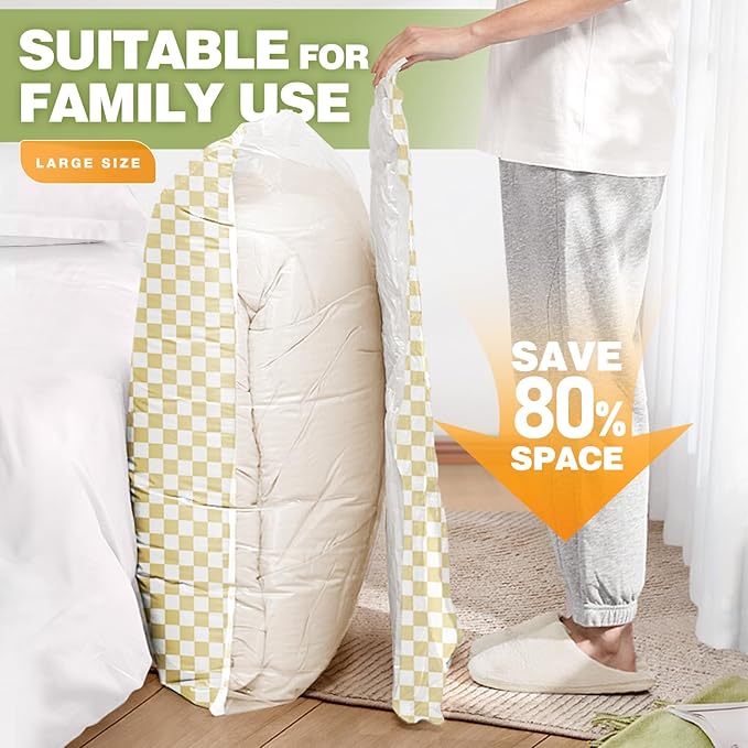 14 Pack Vacuum Storage Bags,Vacuum Seal Bags for Clothing with Hand Pump, 2 Jumbo+4 Large+3 Medium+5 Small, 80% Space Saver Bags for Luggage,Comforters,Blankets, Home Travel Essentials(Khaki Check)-NeatNest
