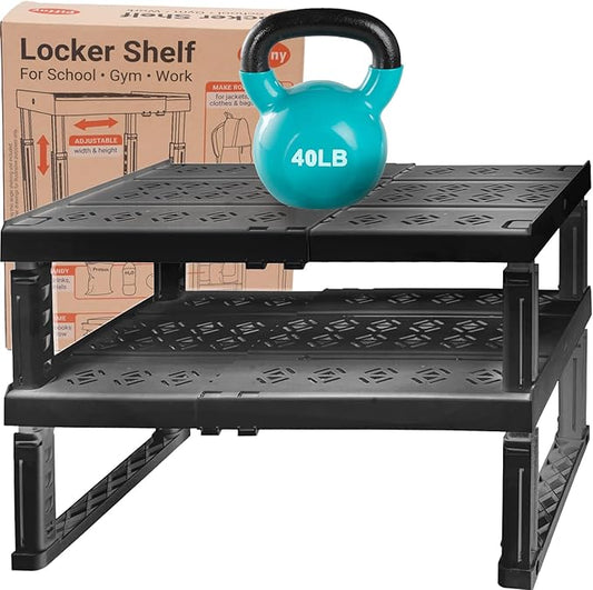 Adjustable Lokcer/Cabinet Organizer Shelf， Adjustable Width and Height, Ideal Locker for School, Office, and Gym Lockers… (Black 2 Pack New Version)