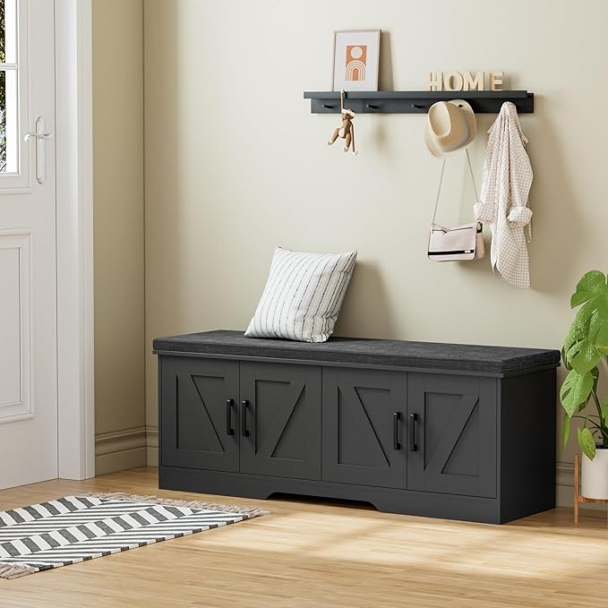 2-Tier Storage Bench, Shoe Bench with Padded Seat Cushion, Entryway Bench with 4 Barn Doors, Adjustable Shelf, 13.8" D x 47.2" W x 17.7" H, for Entryway, Living Room, Bedroom, Black-NeatNest