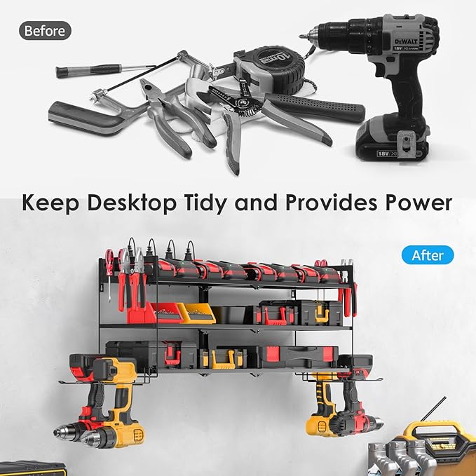 CCCEI Large Garage Tools Storage with Charging Station. Power Tool Battery Organizer Utility Shelf with Power Strip. 4 Drills Holder Wall Mount Rack, Black 3 Layer.-NeatNest