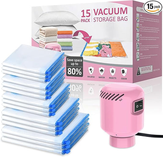 15 Pack Vacuum Storage Bags with Electric Pump, Travel Vacuum Bags (3 Jumbo, 3 Large, 3 Medium, 3 Small, 3 Roll Up Bags) Vacuum Seal Bags for Clothes, Bedding,Blankets,Space Saver Vacuum Storage Bags-NeatNest
