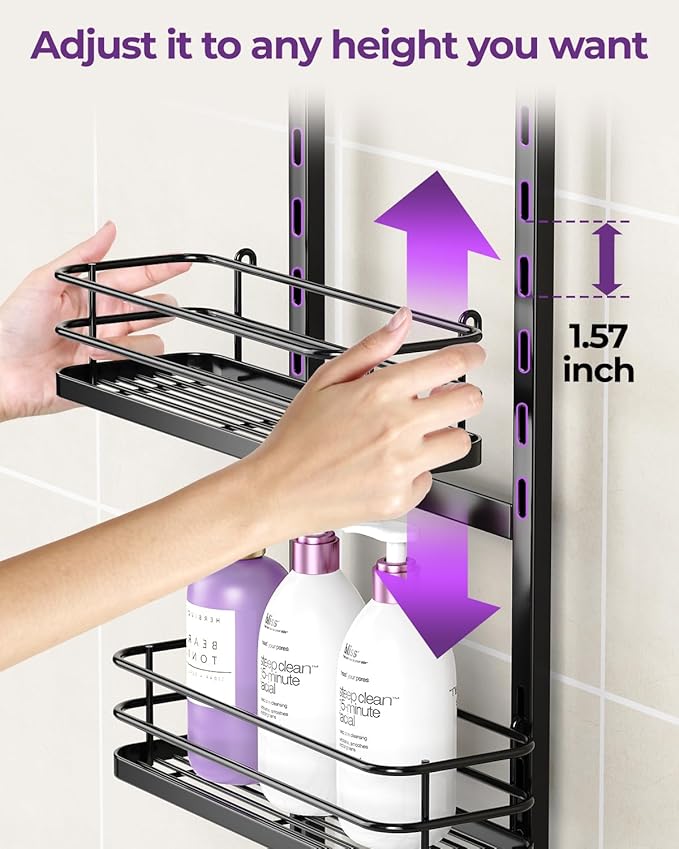 ODesign 2 Tier Height-Adjustable Shower Caddy Hanging Anti-Swing-Over The Shower Head Caddy Storage Organizer Bathroom Shelves Basket-Black